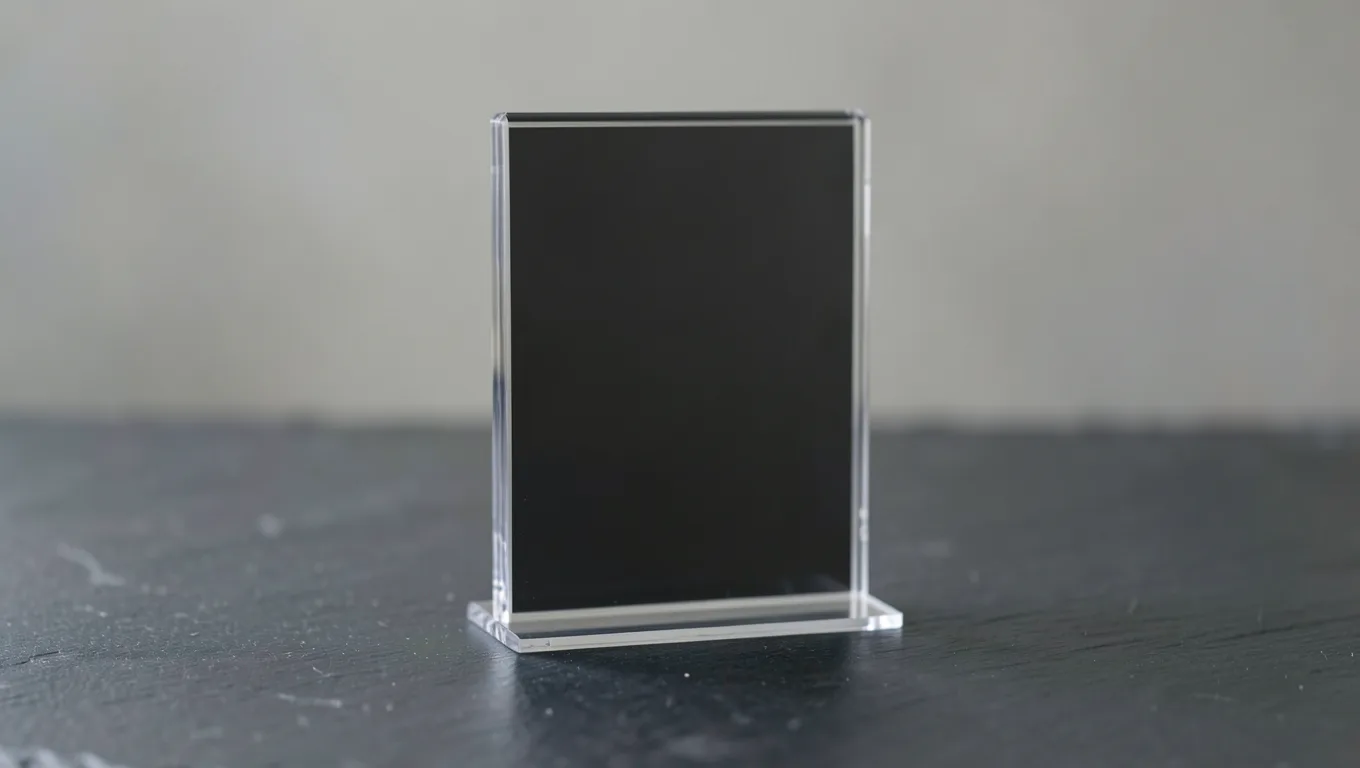 A clear acrylic grading case standing upright on dark slate