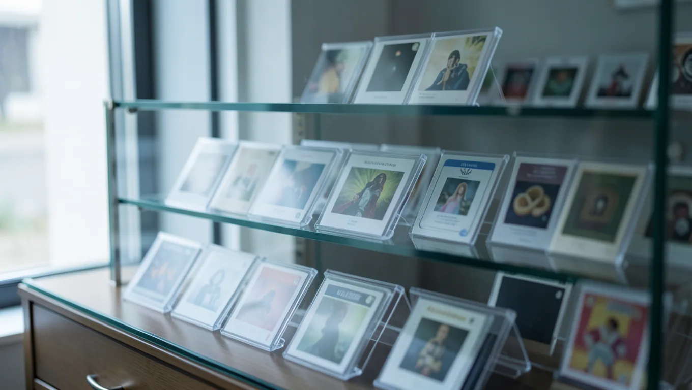 A card shop display case with graded cards in daylight, softly blurred