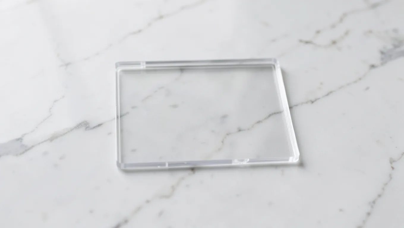 A clear acrylic grading case lying on white marble