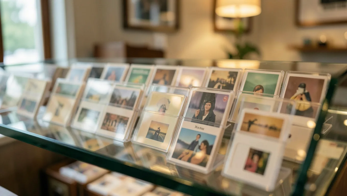 A card shop display case with rows of graded cards, softly blurred