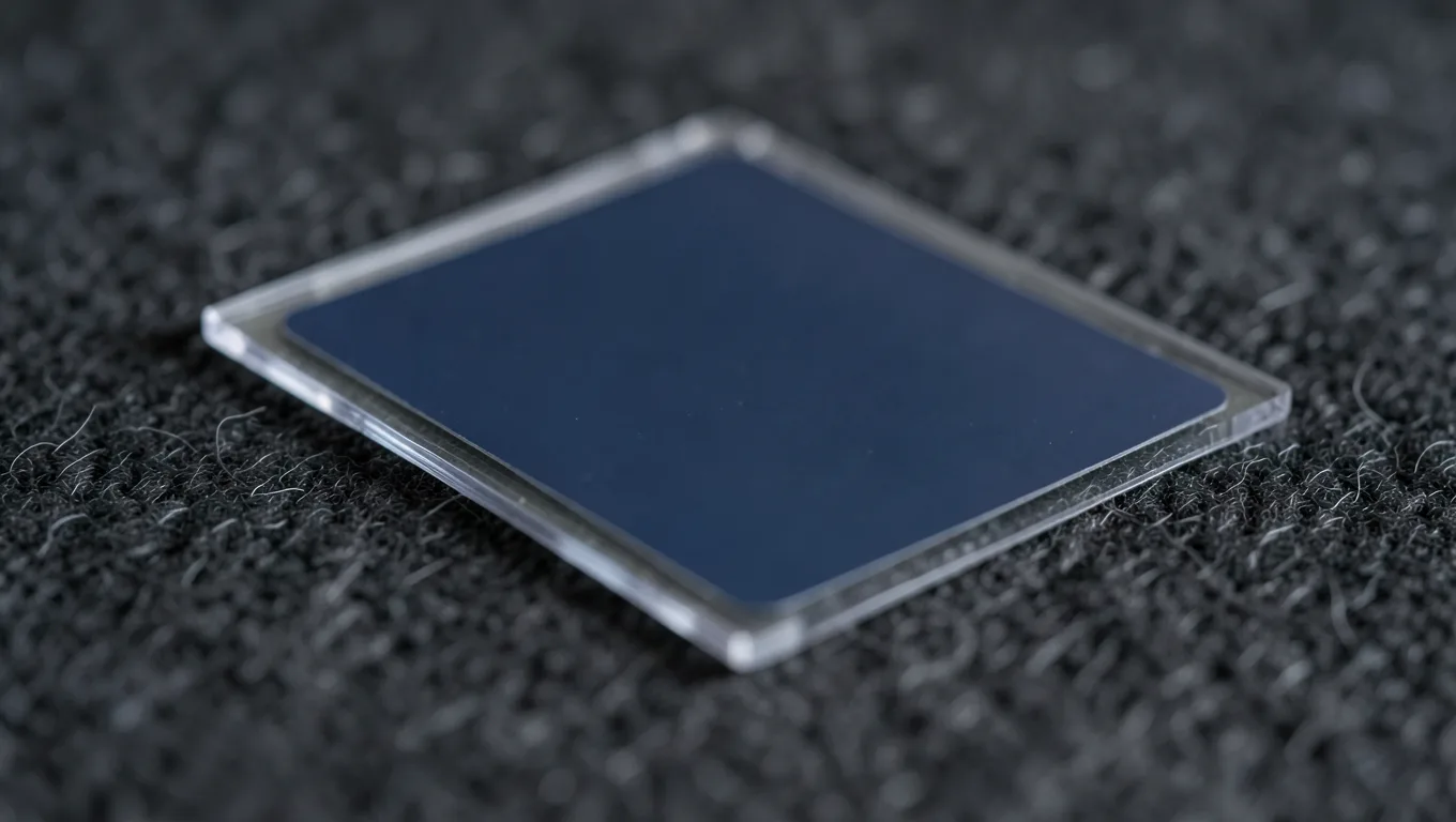 Close-up of a sleeved trading card corner on a charcoal felt mat