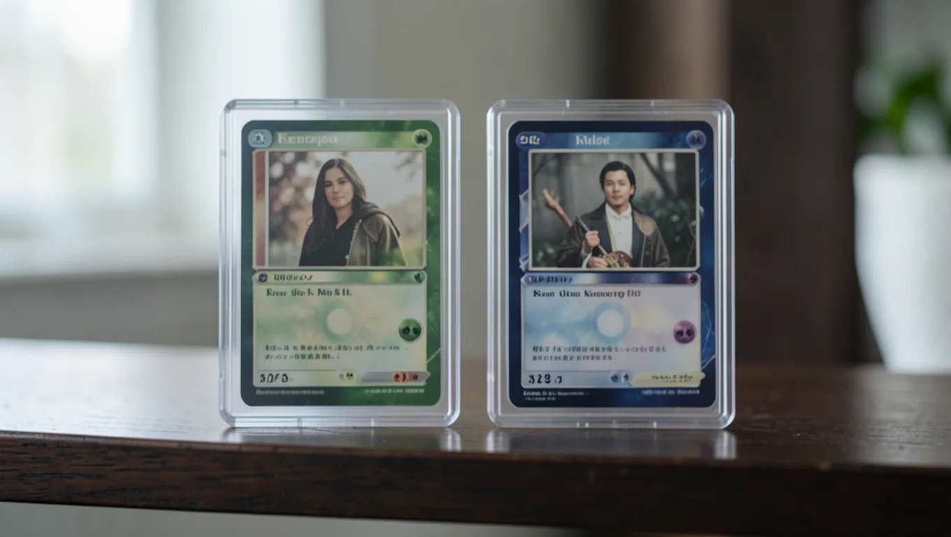 Two graded trading cards in clear cases side by side on a dark shelf