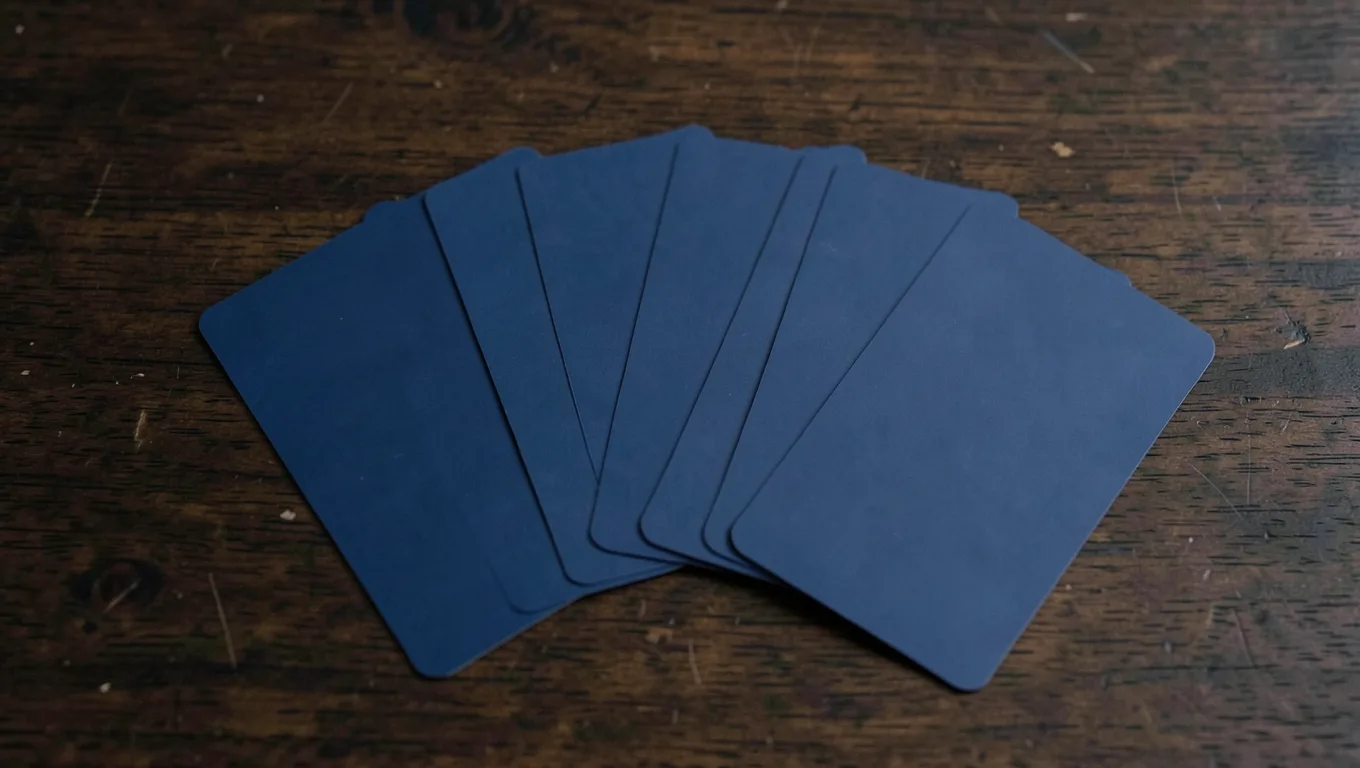 Trading cards fanned out face down on a dark wooden table