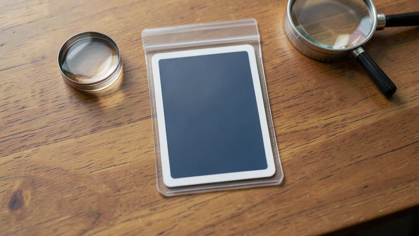 A sleeved trading card and a jeweler's loupe on a wooden desk