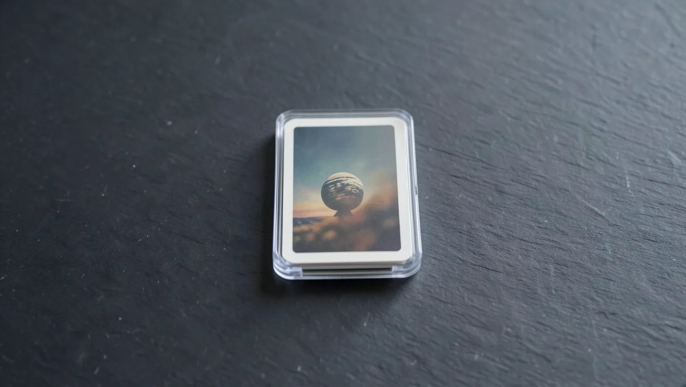 A trading card in a clear toploader on a dark slate surface