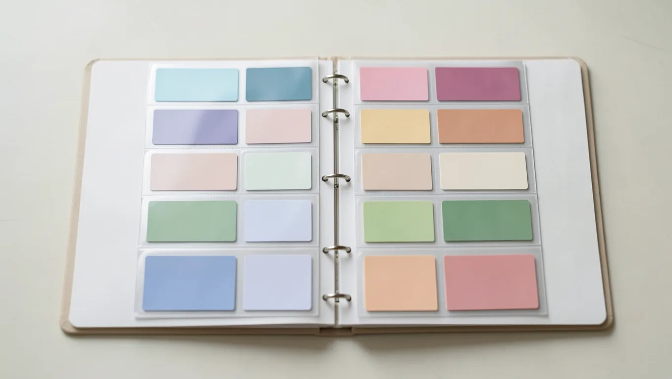 An open card binder with rows of cards in clear pocket pages