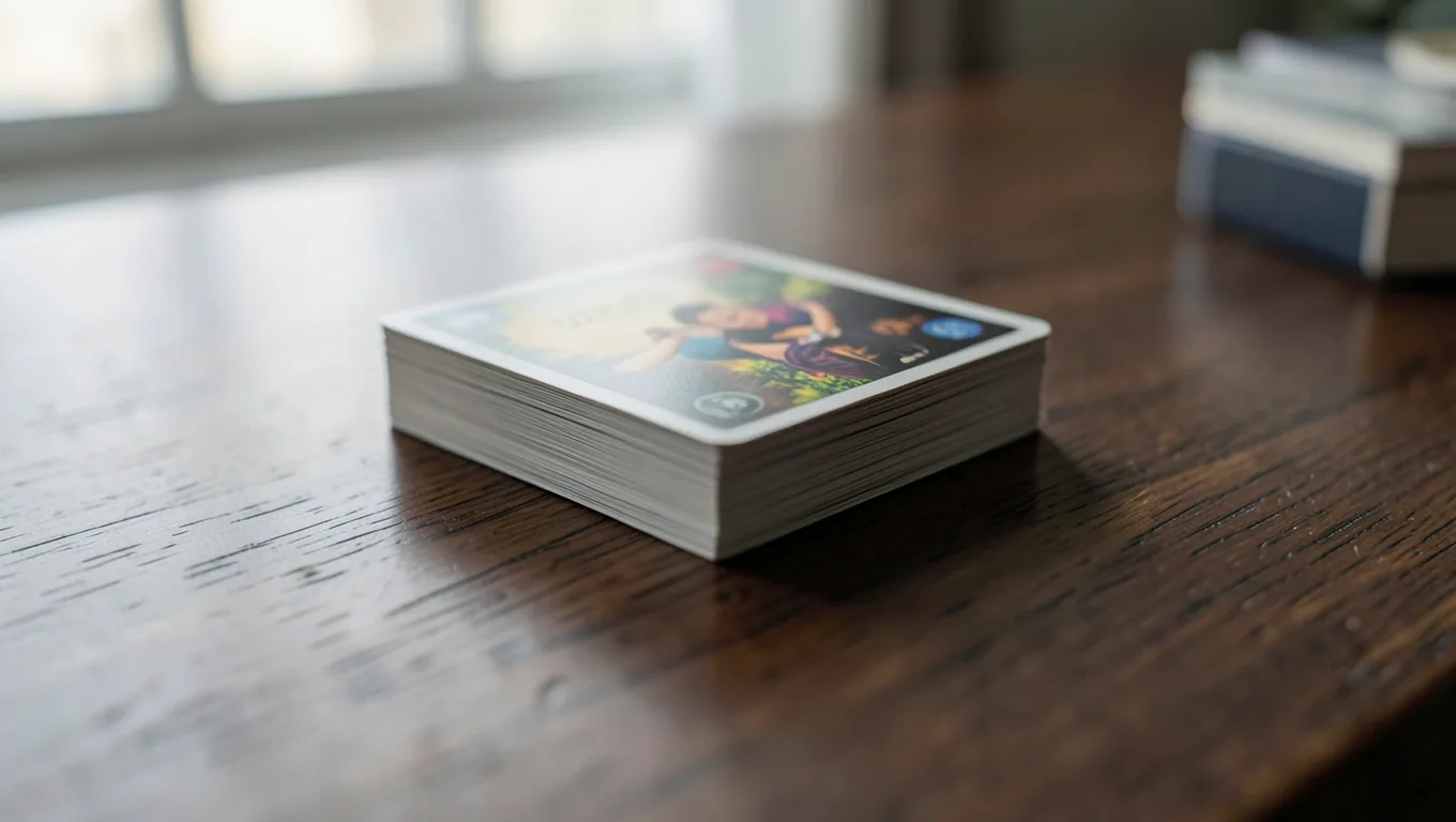 A neat stack of sleeved trading cards on a dark oak desk
