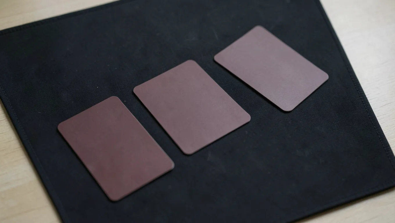 A few sleeved trading cards with red backs spread on a black mat