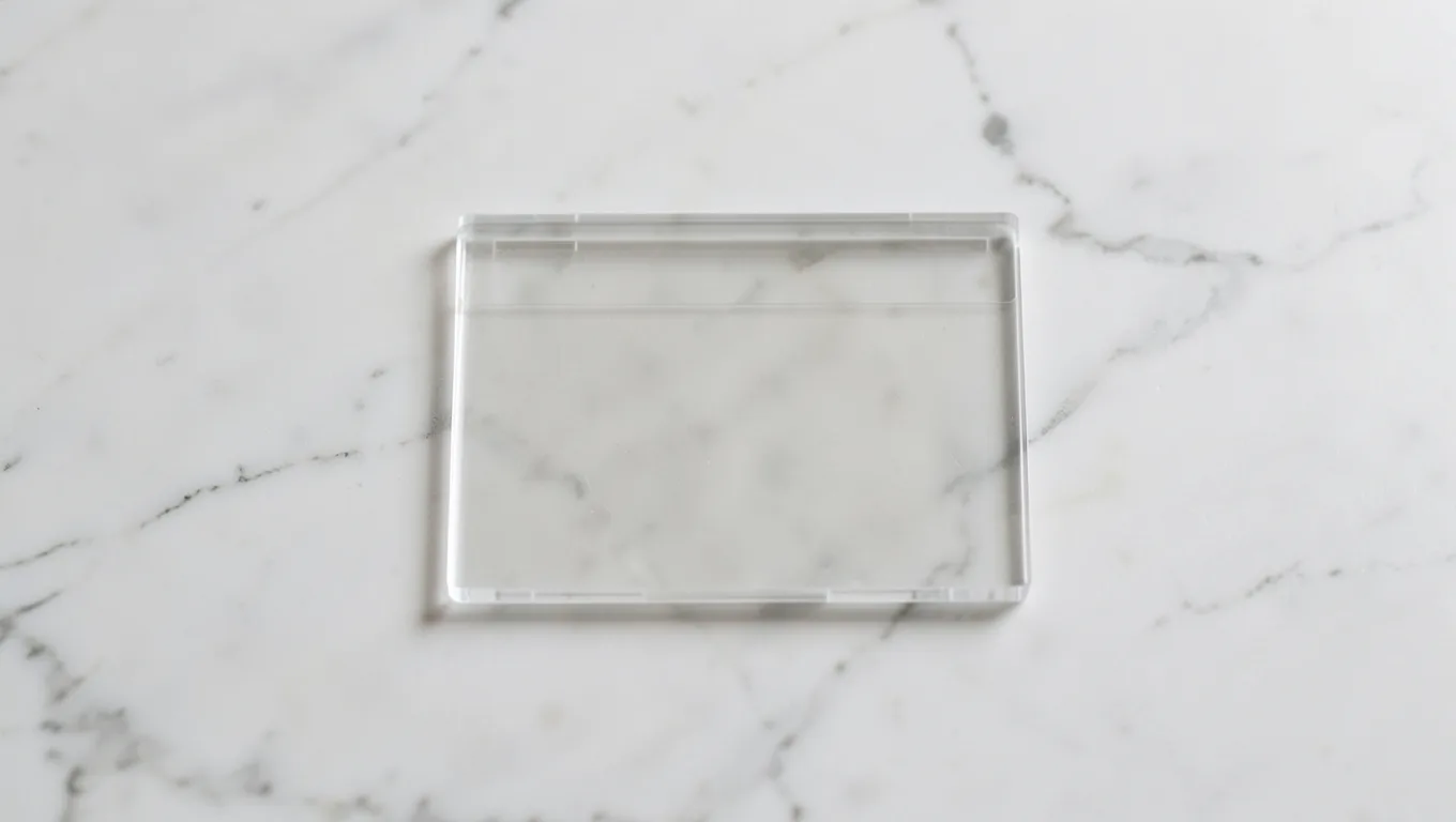 A clear acrylic grading case lying face down on white marble