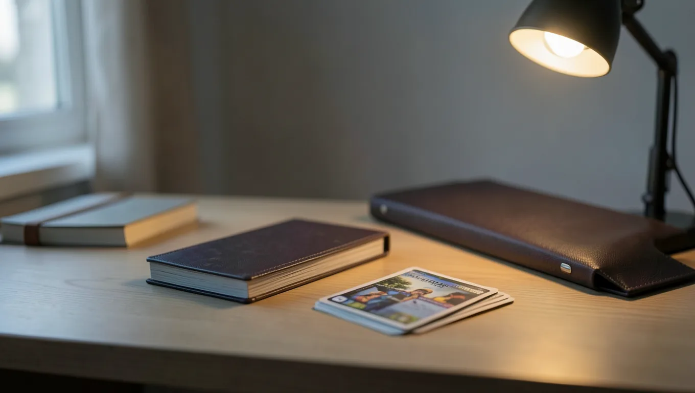 A collector's desk with a stack of cards, a binder and a warm desk lamp
