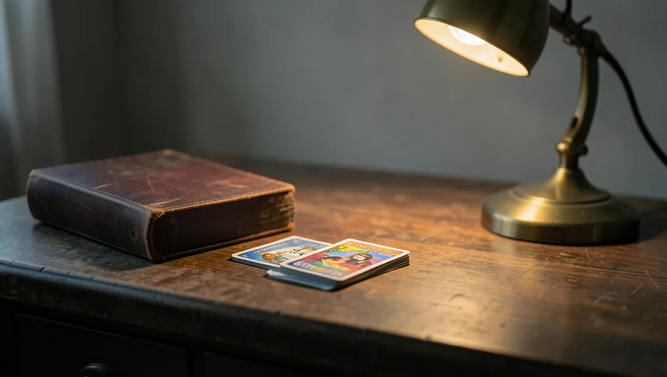 An old wooden desk with sleeved cards, a leather binder and a brass lamp