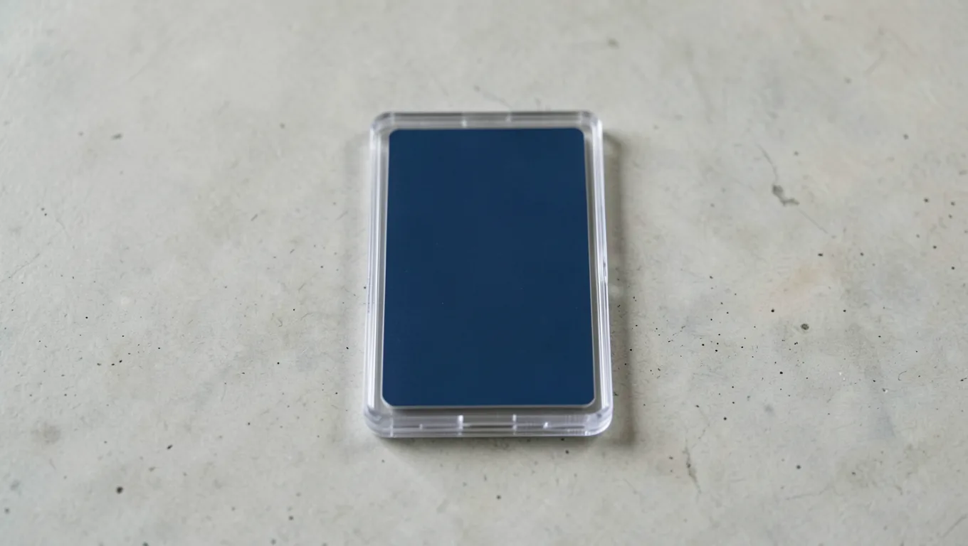A single trading card in a clear toploader on a light concrete surface