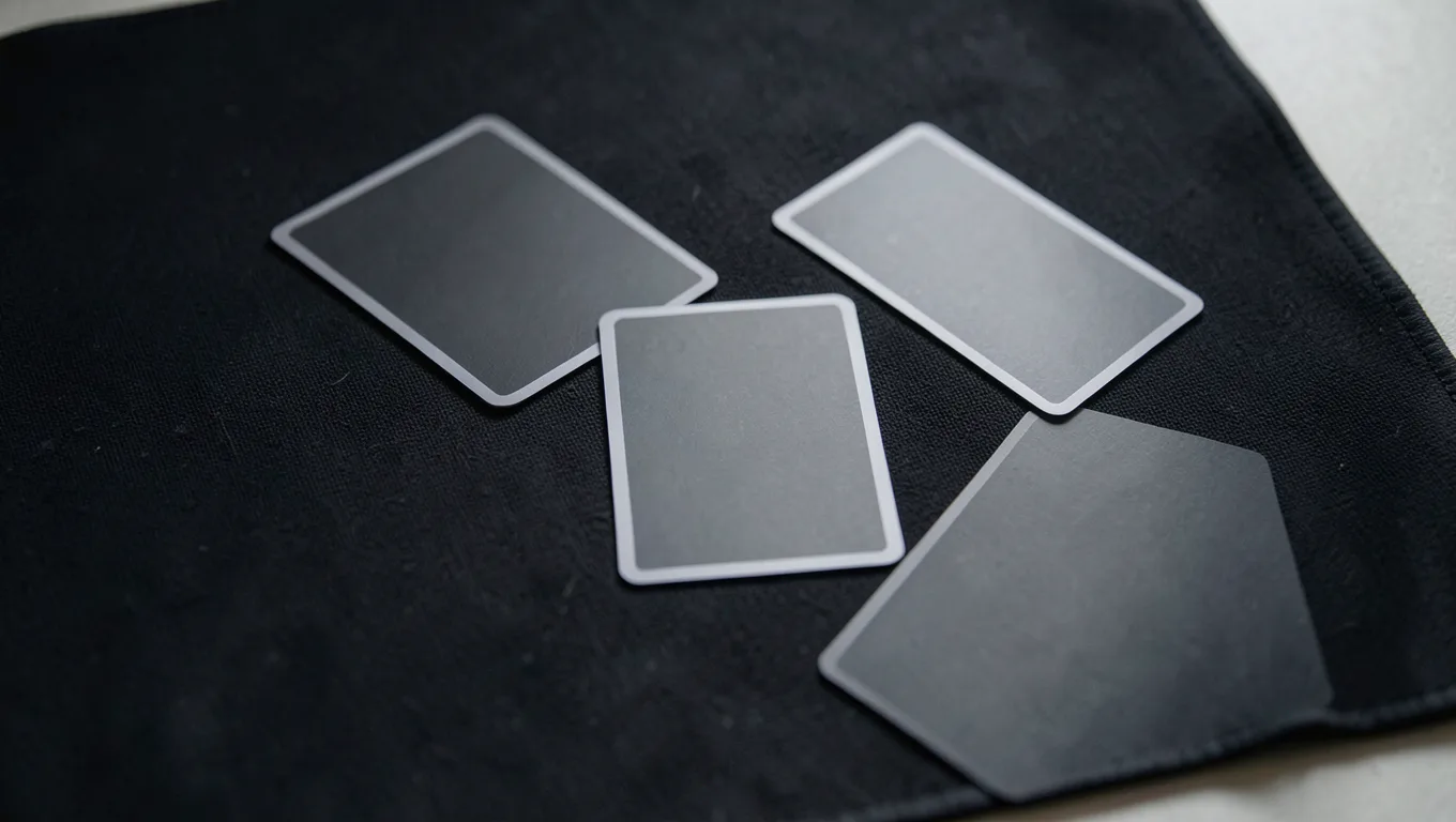 A few sleeved trading cards spread face down on a black play mat