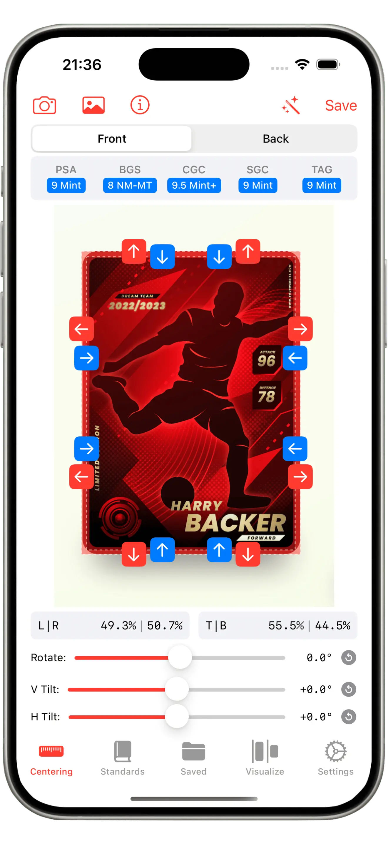 Card Centering Calculator app mockup